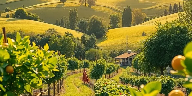 Beautiful landscape of a sunlit field rich in organic vegetables and fruits.