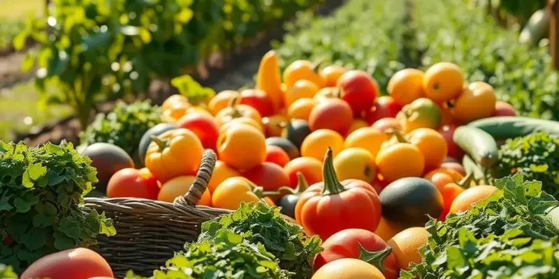A lush organic garden overflowing with vibrant vegetables and fruits under sunlight.