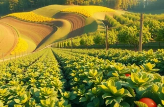 A vibrant landscape of organic produce thriving under a sunlit sky.