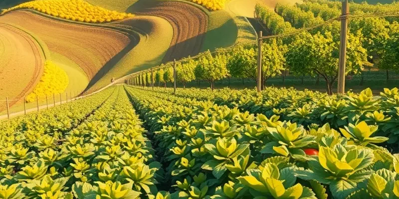 A vibrant landscape of organic produce thriving under a sunlit sky.