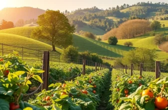 A lovely landscape filled with colorful organic produce, lush hills, and vibrant fruits under warm sunlight.
