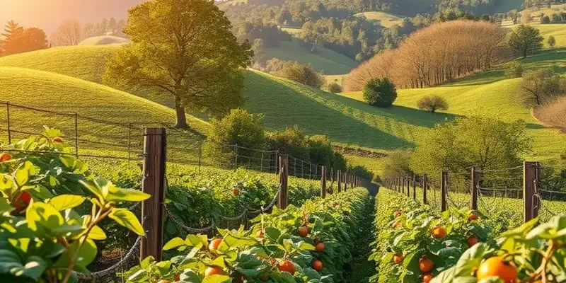 A lovely landscape filled with colorful organic produce, lush hills, and vibrant fruits under warm sunlight.