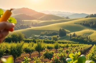 A picturesque landscape filled with vibrant organic vegetables and fruits, highlighted by soft sunlight.