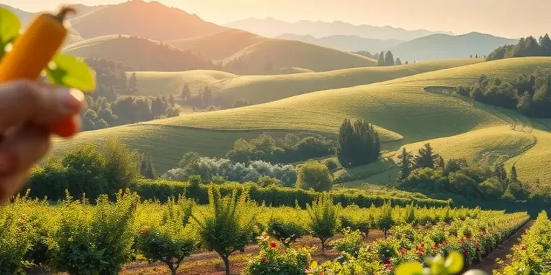 A picturesque landscape filled with vibrant organic vegetables and fruits, highlighted by soft sunlight.