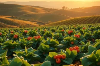 A vibrant landscape showing a field of organic fruits and vegetables under warm sunlight.