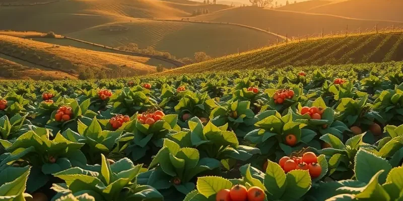 A vibrant landscape showing a field of organic fruits and vegetables under warm sunlight.