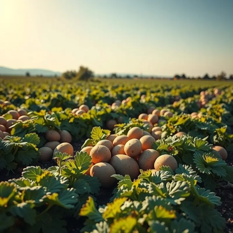A sunlit field rich with fresh, vibrant potatoes ready for harvest.