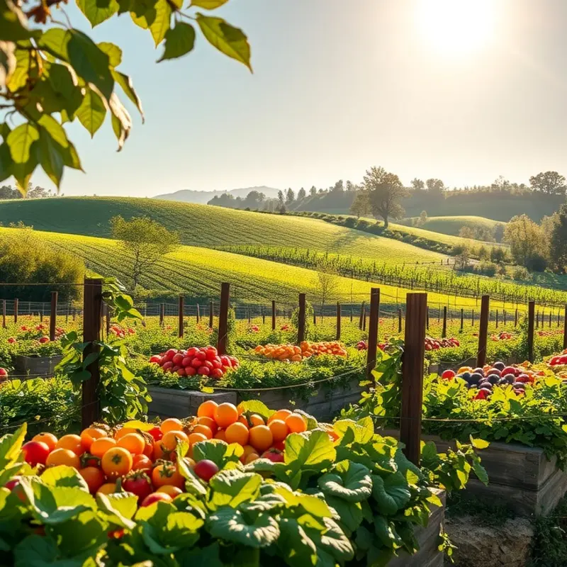 A beautiful sunlit garden showcasing the vibrant growth of onions and other organic produce.