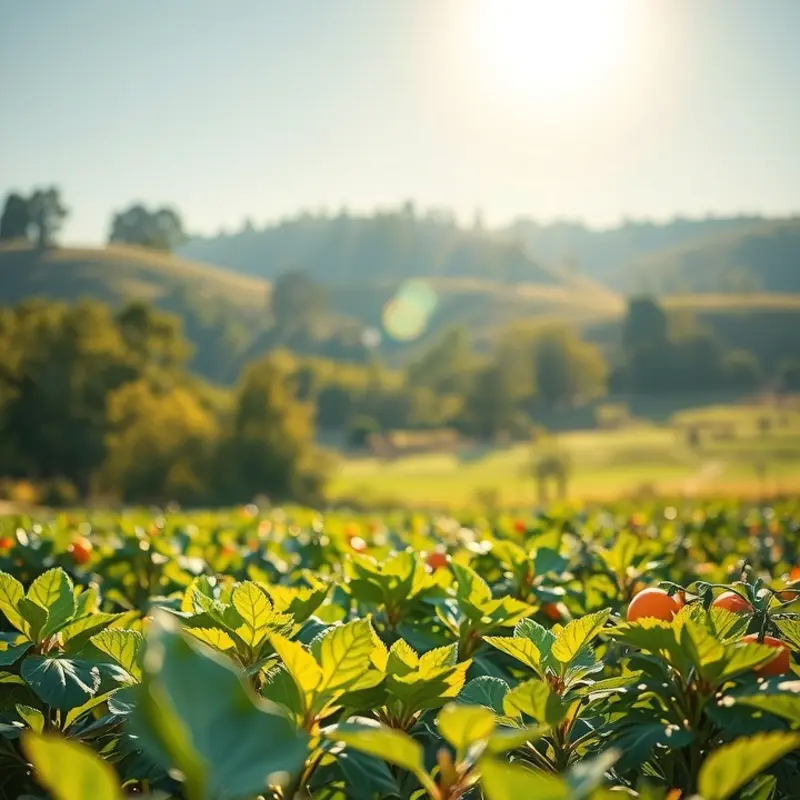 A sunlit field showcasing vibrant vegetables and fruits, symbolizing freshness.