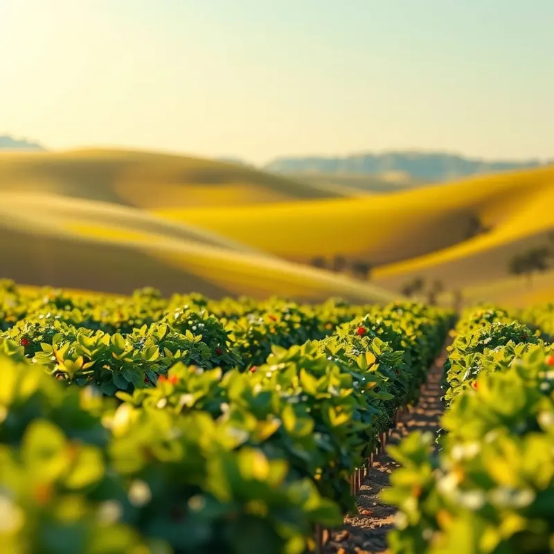 A serene sunlit field filled with vibrant vegetables and fruits, representing nourishment from nature.