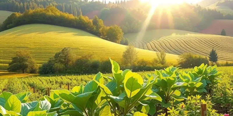 A vibrant landscape of fruits and vegetables in a sunlit field, reflecting the inspiration behind royal culinary traditions.