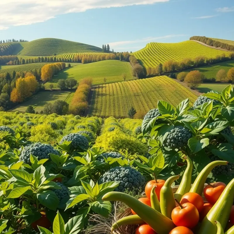 A picturesque landscape showcasing vibrant harvests in lush surroundings, symbolizing the seasonal bounty.