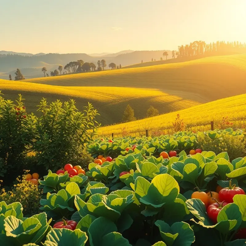 A vibrant sunlit field flourishing with seasonal fruits and vegetables.