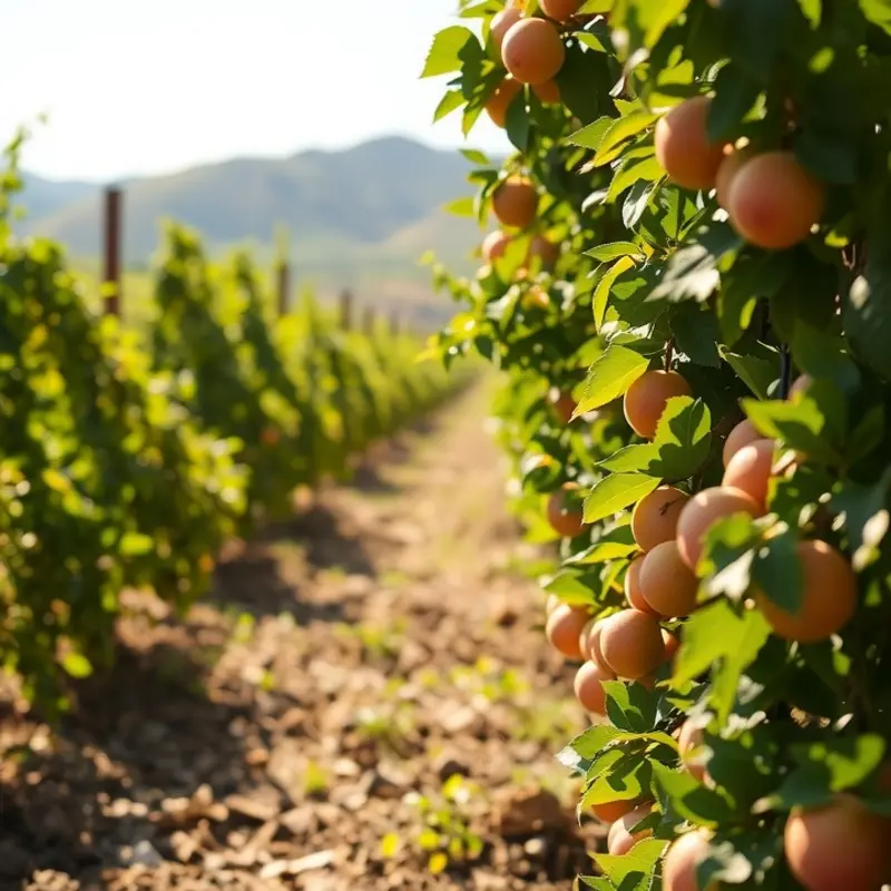 A sunlit field filled with vibrant vegetables and fruits growing amidst lush greenery.