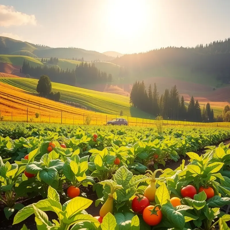 A picturesque display of fresh, organic fruits and vegetables in a sunlit orchard.
