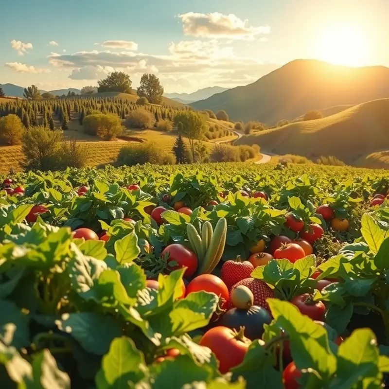 A sunlit field showcasing vibrant vegetables and fruits, symbolizing freshness.
