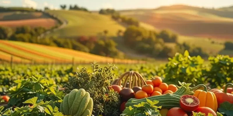 A sunlit field abundant with healthy organic produce, including various squash.