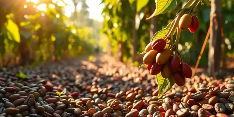 A sunlit field filled with healthy coffee plants surrounded by vibrant greenery.