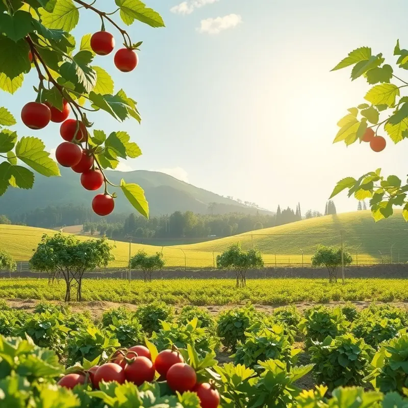 A vibrant sunlit field showcasing organic fruits and vegetables in a natural landscape.