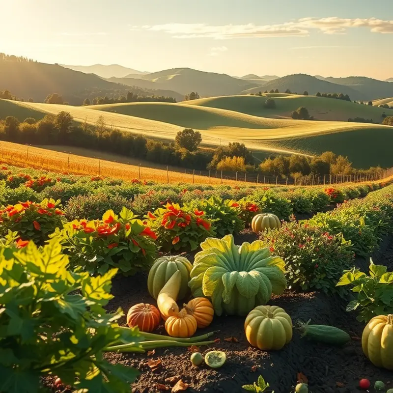 A vibrant sunlit field showcasing fresh vegetables and fruits among lush greenery.
