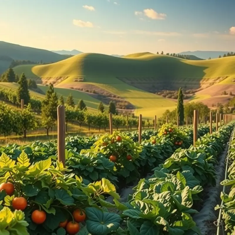 A sunlit field showcasing organic vegetables and fruits growing naturally.