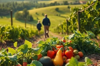 A sunlit field depicting fresh, organic vegetables and fruits in a serene landscape.