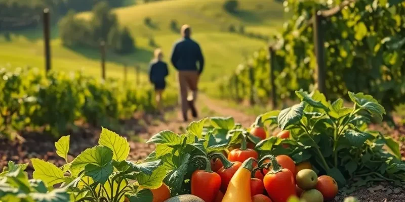 A sunlit field depicting fresh, organic vegetables and fruits in a serene landscape.