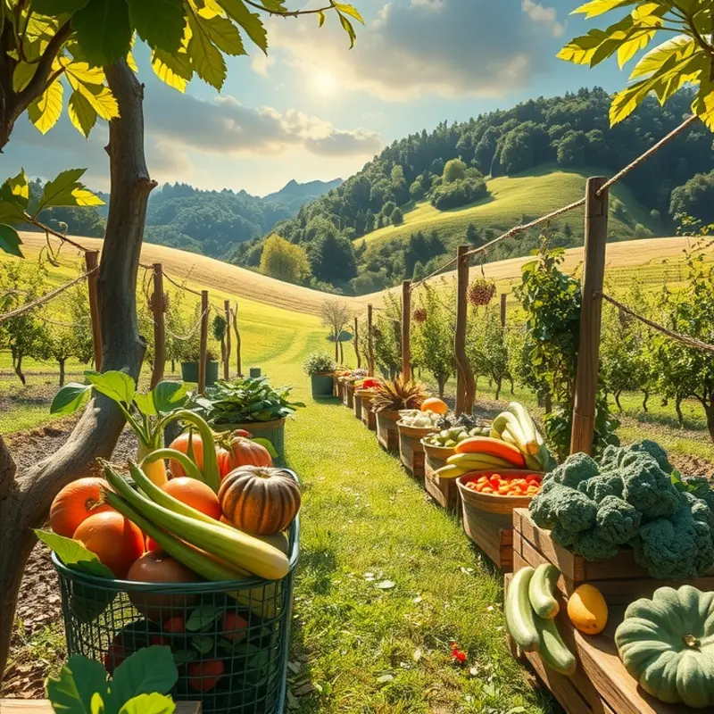 A peaceful sunlit field showcasing the lush abundance of organic produce.