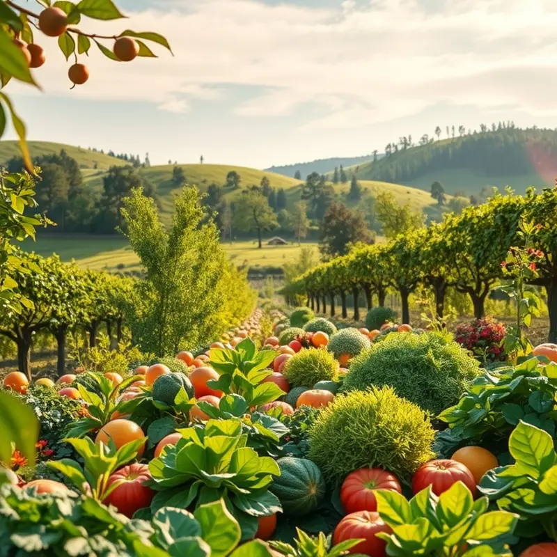 A vibrant sunlit field showcasing abundant organic vegetables and fruits.