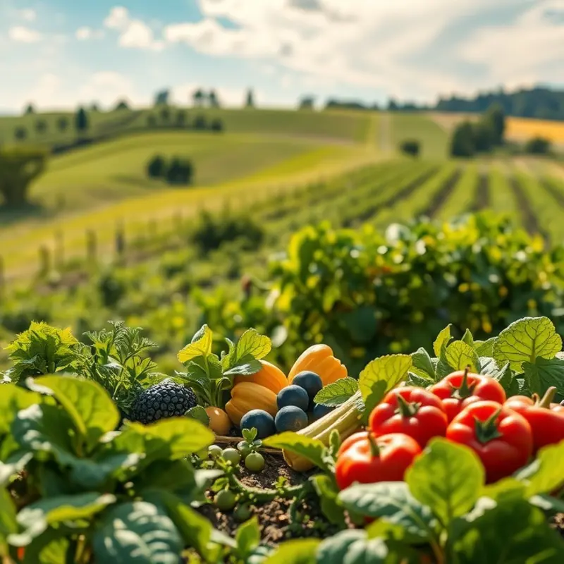A sunlit orchard filled with vibrant fruits and vegetables.