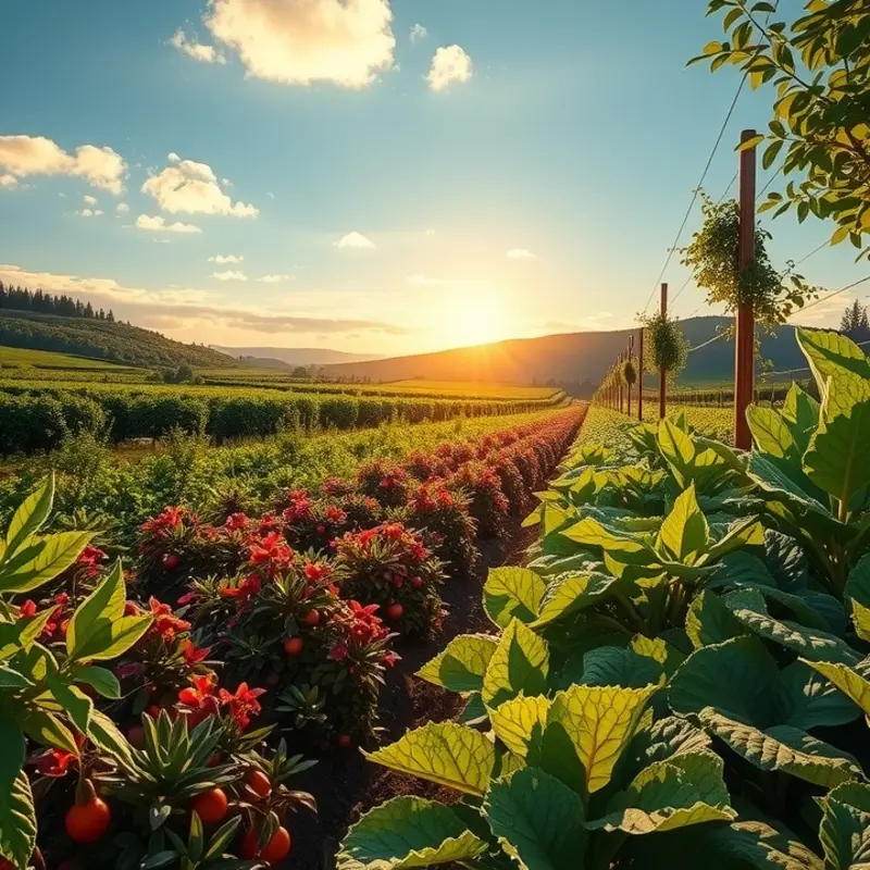 A vibrant sunlit field showcasing fresh organic produce.