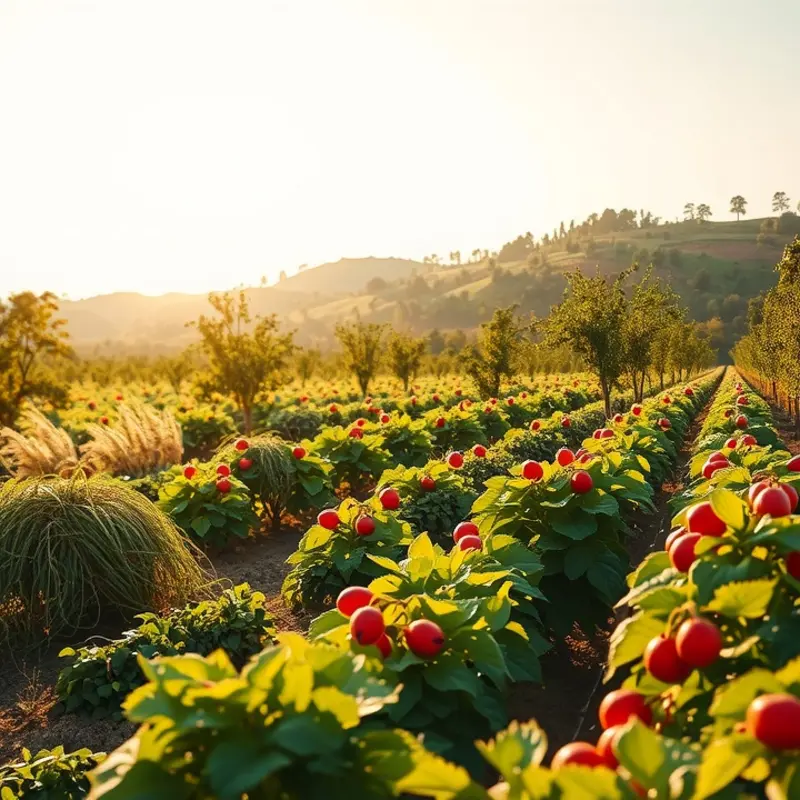 A sunlit field rich with vibrant vegetables and fruits, representing the essence of mindful eating.
