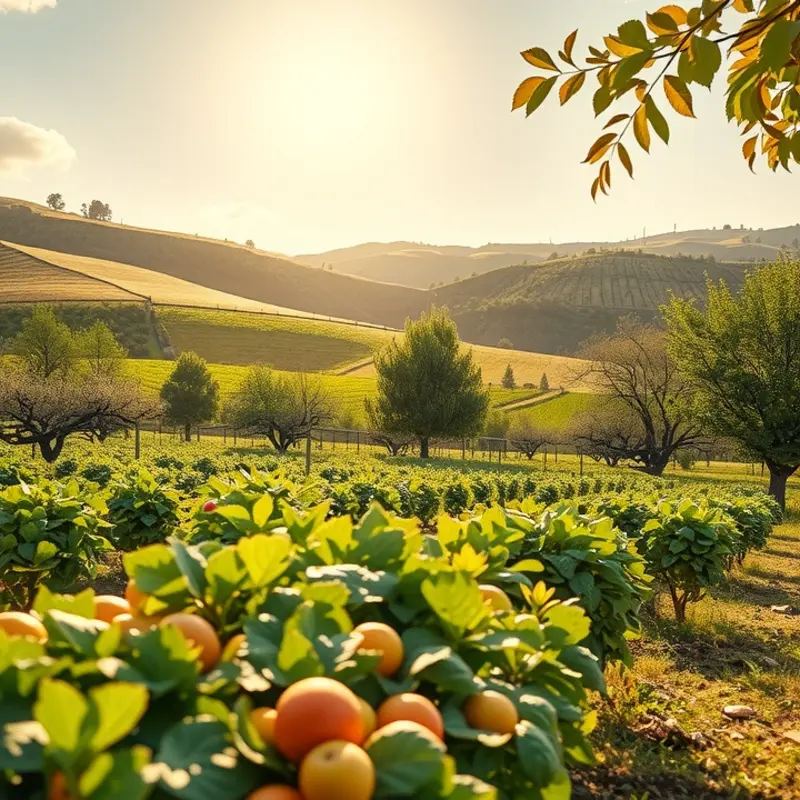 A sunlit field showcasing an abundance of organic produce.