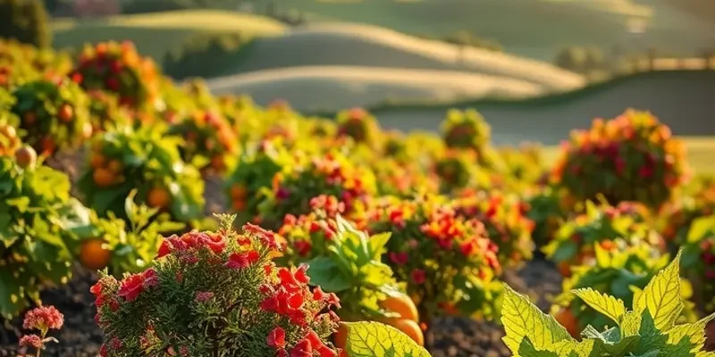 A scenic view of a sunlit field filled with organic fruits and vegetables, symbolizing health and nature.