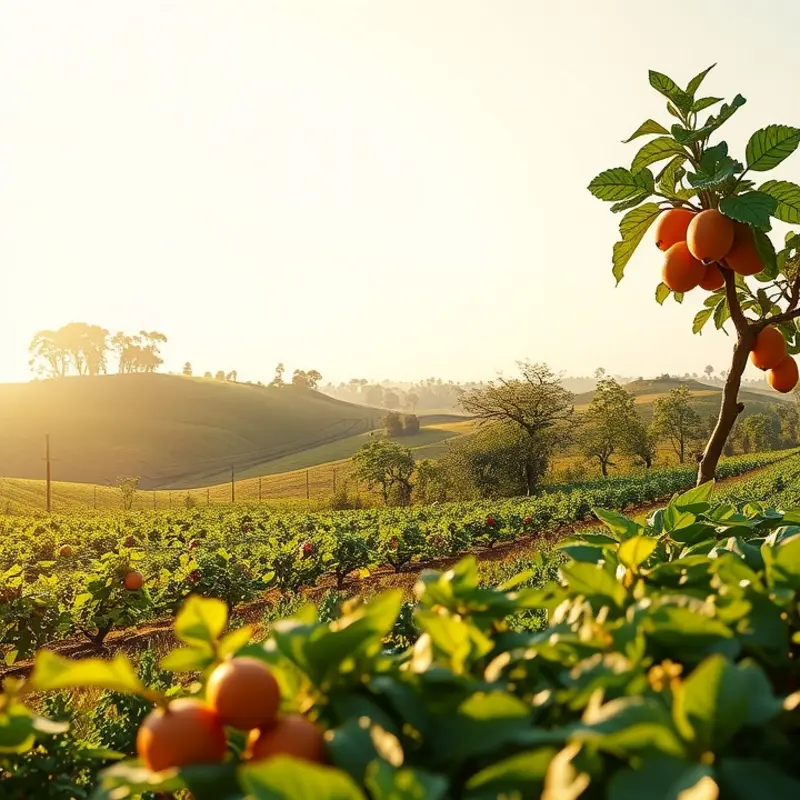 A serene sunlit field brimming with vibrant fruits and vegetables.