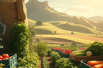 A peaceful sunlit field filled with fresh organic fruits and vegetables.