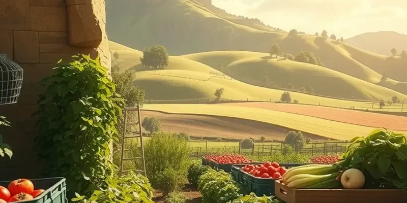A peaceful sunlit field filled with fresh organic fruits and vegetables.