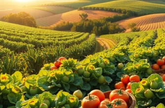 A vibrant sunlit landscape filled with organic fruits and vegetables growing naturally.