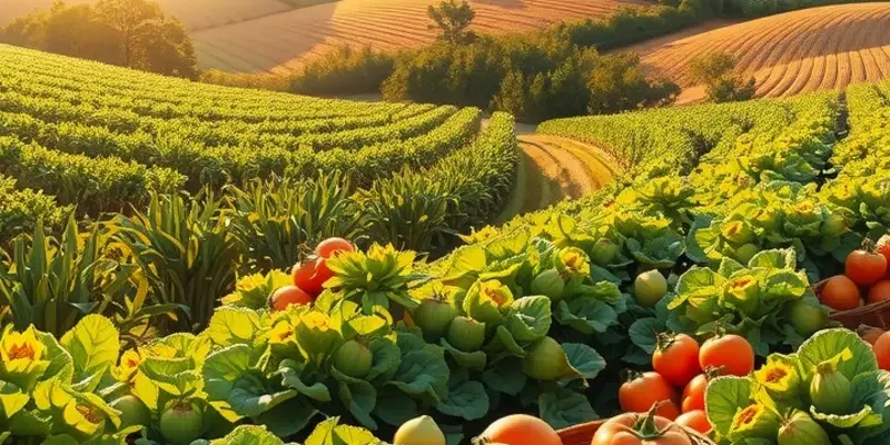 A vibrant sunlit landscape filled with organic fruits and vegetables growing naturally.
