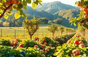 Beautiful natural landscape featuring a sunlit field filled with vibrant fruits and vegetables.