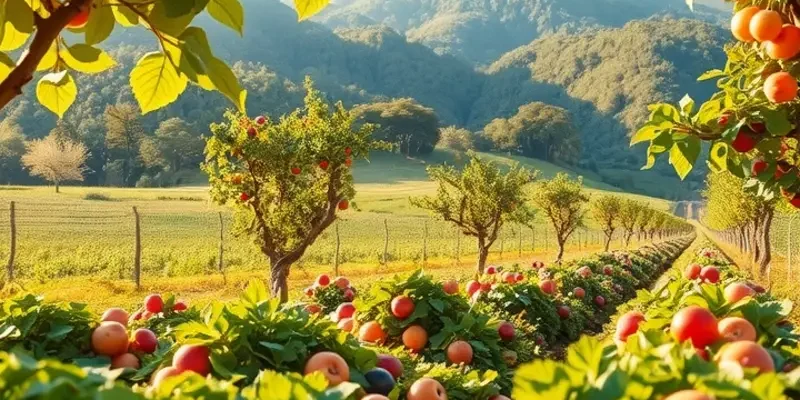Beautiful natural landscape featuring a sunlit field filled with vibrant fruits and vegetables.