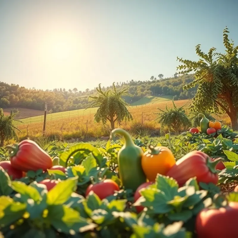 A sunlit field showcasing a vibrant array of organic vegetables and fruits.