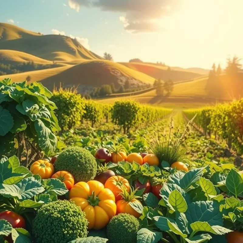 A sunlit field bursting with a variety of vibrant vegetables, symbolizing health and abundance.