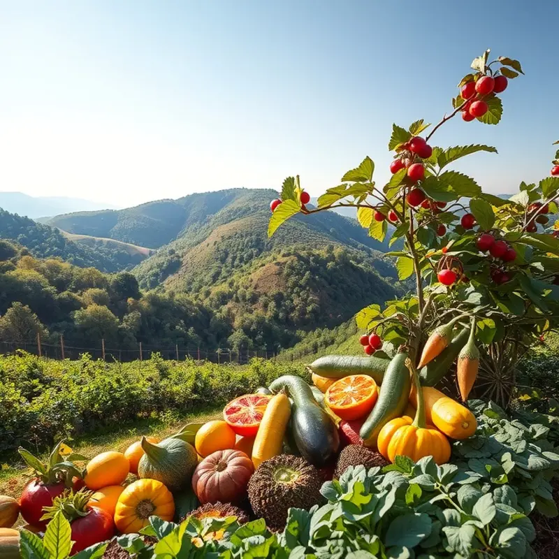 A sunlit field showcasing vibrant vegetables and fruits, representing the abundance of natural produce.