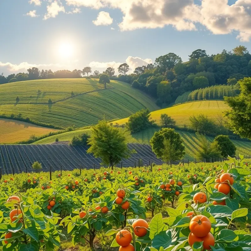 A sunlit orchard teeming with vibrant vegetables and fruits, embodying nature’s bounty.
