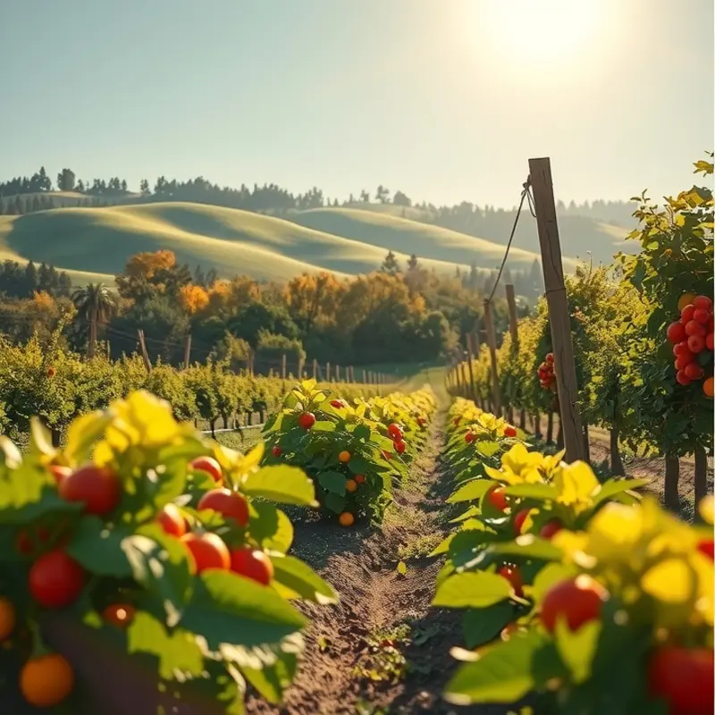A sunlit field showcasing the abundance of organic fruits and vegetables.