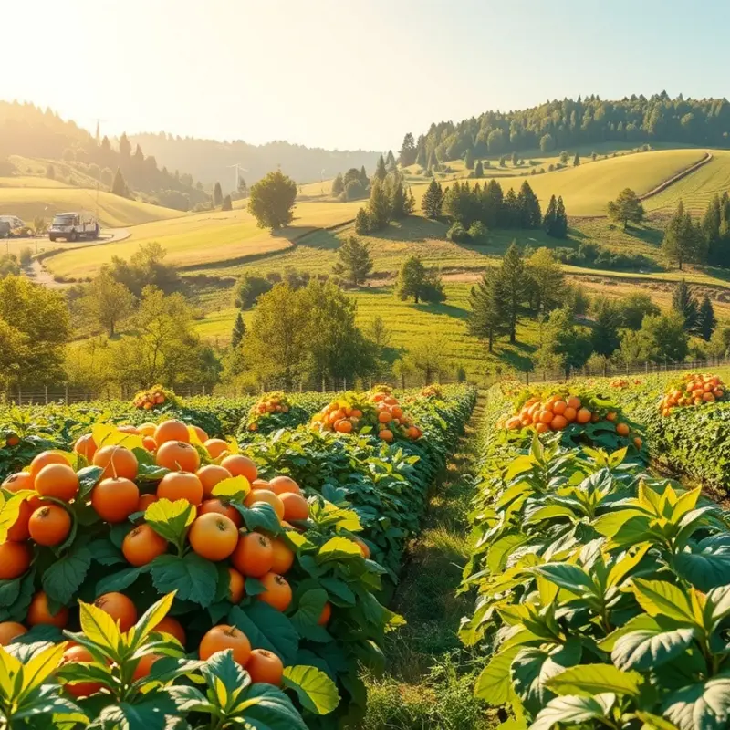 A vibrant sunlit field filled with organic fruits and vegetables.