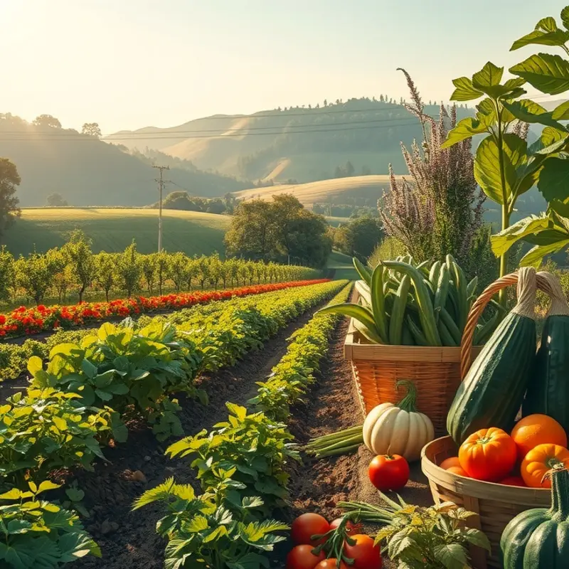 A sunlit field filled with vibrant organic produce.