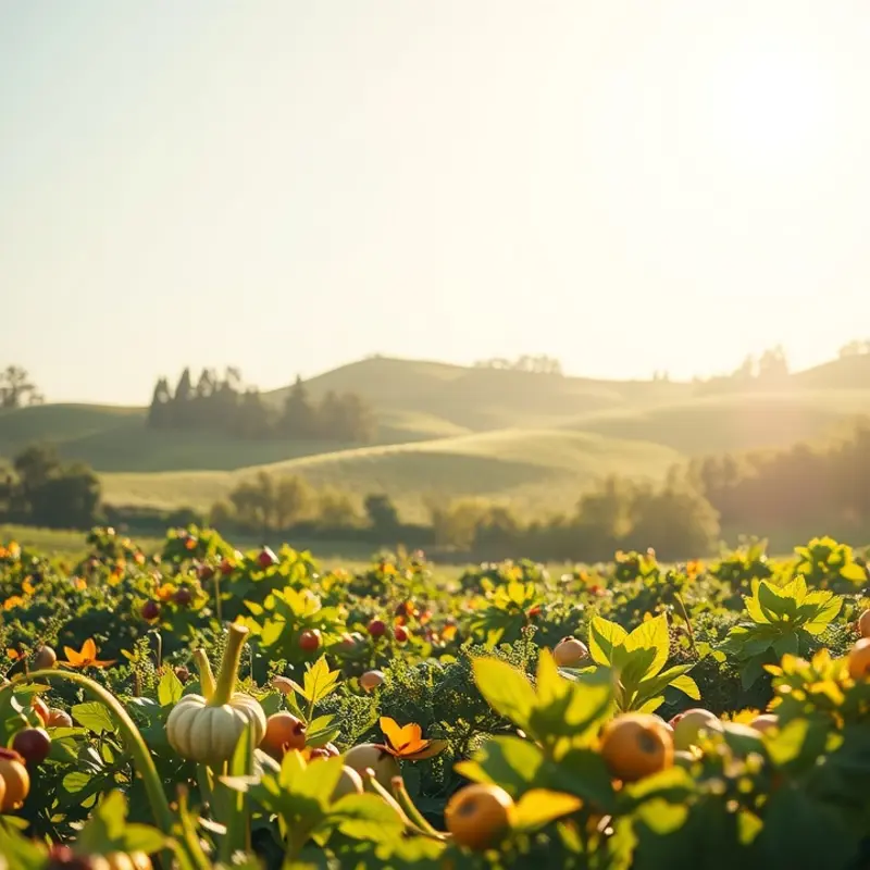 A vibrant sunlit field showcasing the beauty of organic fruits and vegetables.