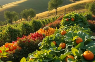 A stunning landscape filled with organic vegetables and fruits in a vibrant, sunlit orchard.
